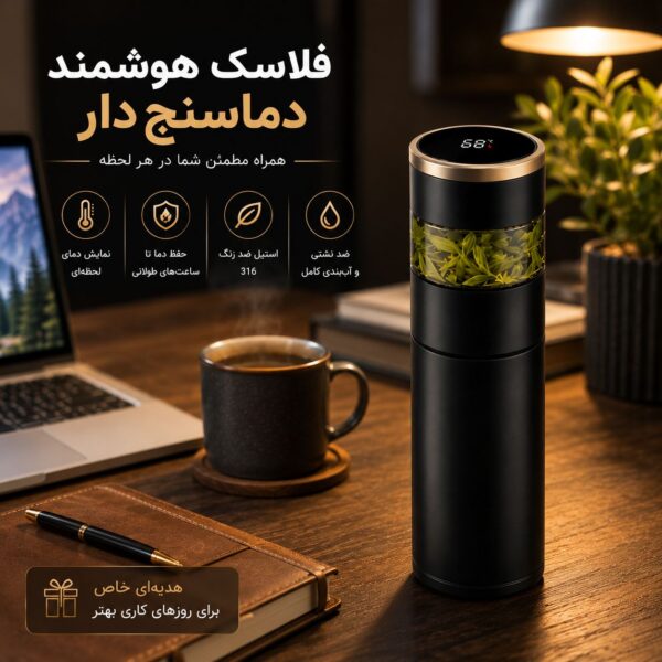 فلاسک هوشمند دماسنج‌دار | استیل 304 با نمایشگر LED و صافی دمنوش - تصویر 11